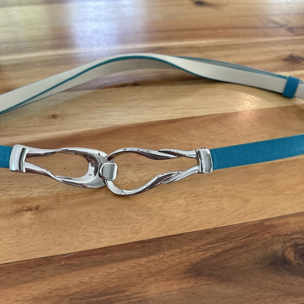 Chico's Turquoise Teal Belt Silver Interlocking Statement Buckle M/L Boho Y2K